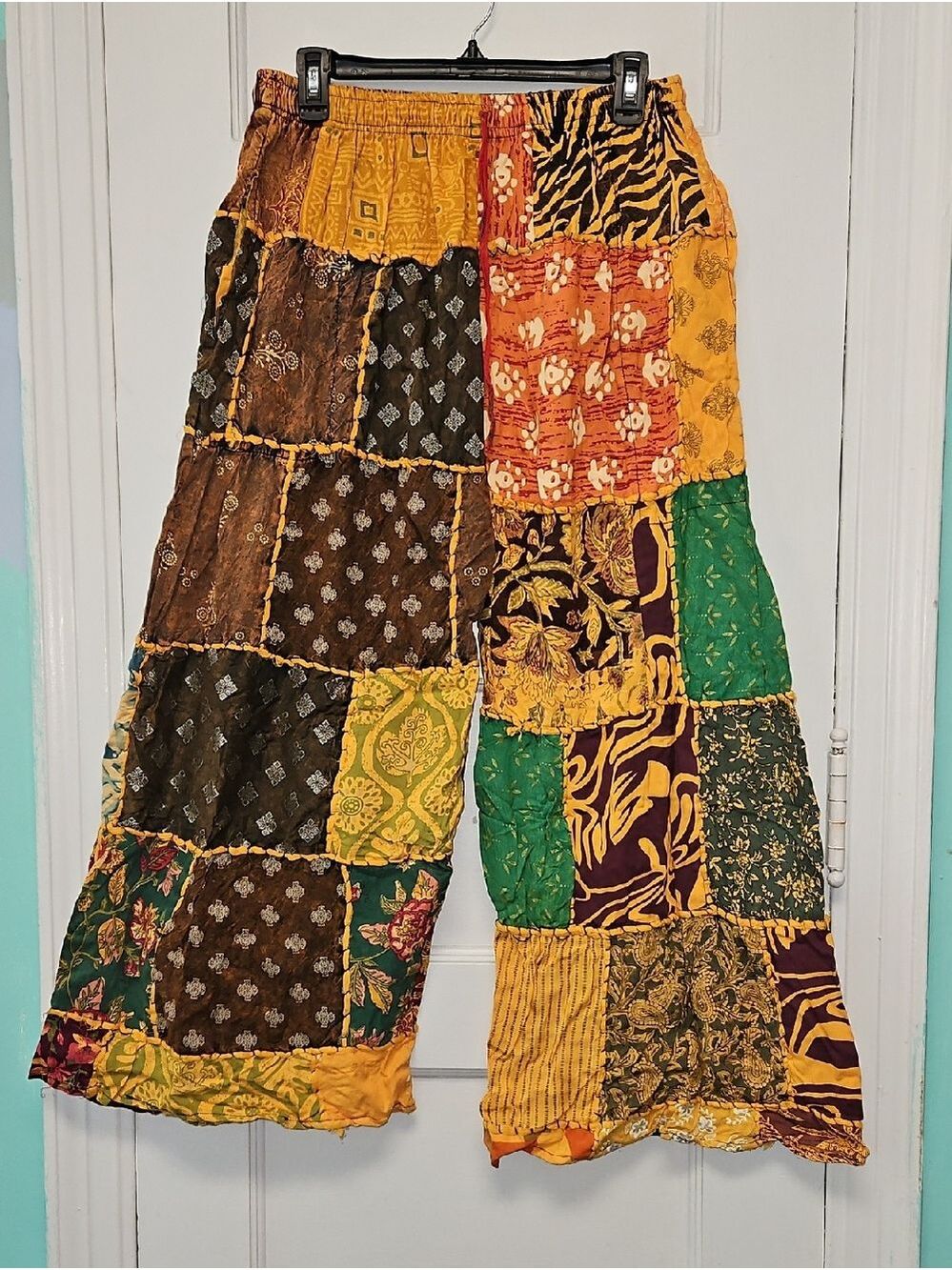 Bohemian Patchwork Wide-Leg Pants in Mustard, Green, Brown
